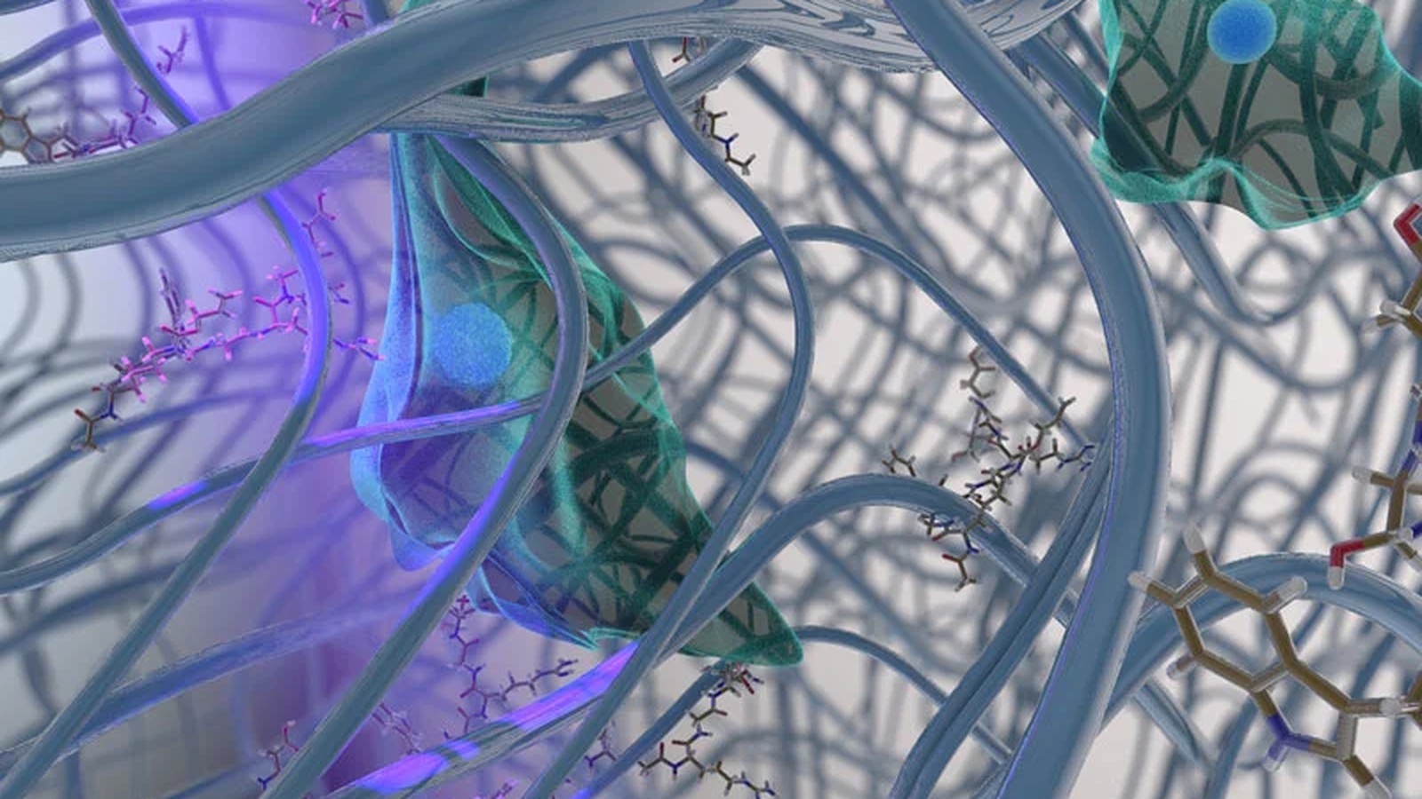 Medical illustration — 3D rendering of cells within extracellular matrix, molecular structures highlighted