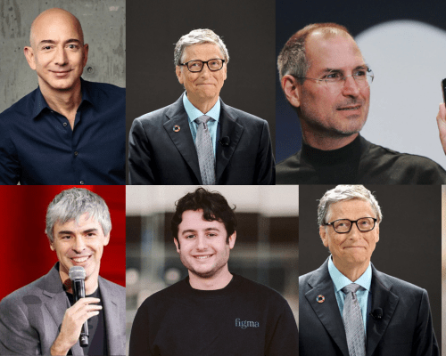 Five iconic entrepreneurs—Jobs, Gates, Page, Bezos, Field—embody innovation and resilience in business.



